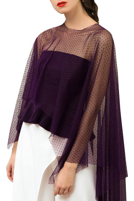 Swatee Singh_Purple Cape Round Peplum Top With Asymmetric _Online_at_Aza_Fashions