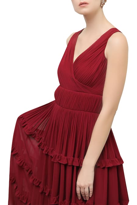 Swatee Singh_Maroon V Neck Tiered Midi Dress _Online_at_Aza_Fashions