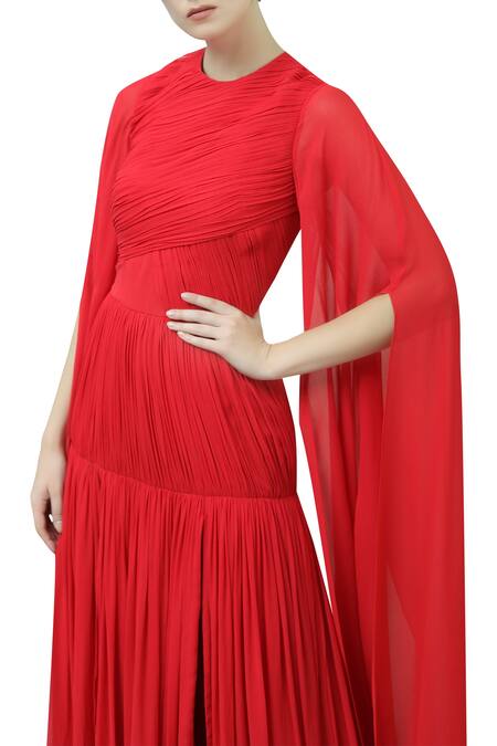 Swatee Singh_Red Round Pleated Slit Gown  _Online_at_Aza_Fashions