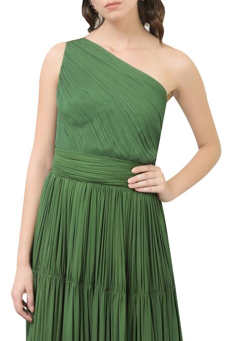 Buy_Swatee Singh_Green Asymmetric One Shoulder Tiered Gown  _Online_at_Aza_Fashions