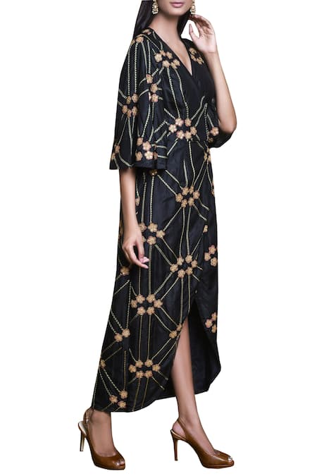 Swati Vijaivargie_Black V Neck Silk Embroidered Dress  _Online_at_Aza_Fashions