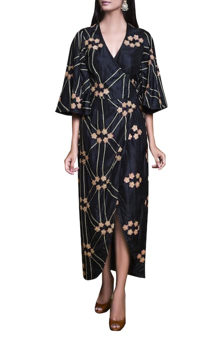 Buy_Swati Vijaivargie_Black V Neck Silk Embroidered Dress  _Online_at_Aza_Fashions