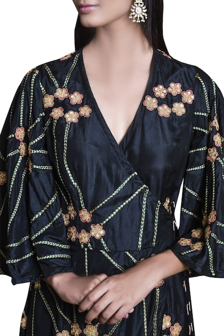 Shop_Swati Vijaivargie_Black V Neck Silk Embroidered Dress  _Online_at_Aza_Fashions