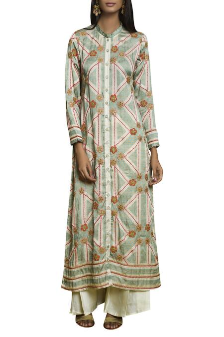 Buy_Swati Vijaivargie_Green Round Embroidered Long Kurta  _Online_at_Aza_Fashions