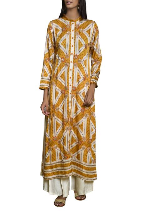 Swati Vijaivargie_Yellow Round Embroidered Long Kurta _Online_at_Aza_Fashions