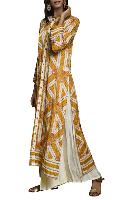 Buy_Swati Vijaivargie_Yellow Round Embroidered Long Kurta _Online_at_Aza_Fashions