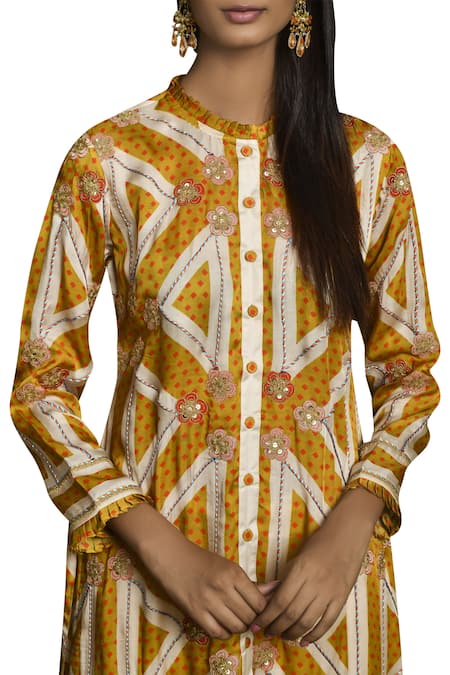 Shop_Swati Vijaivargie_Yellow Round Embroidered Long Kurta _Online_at_Aza_Fashions