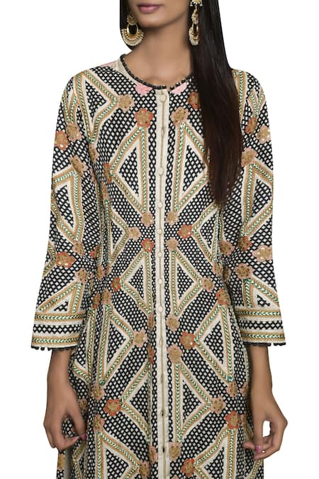 Shop_Swati Vijaivargie_Black Round Embroidered Long Kurta _Online_at_Aza_Fashions