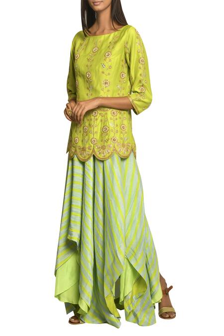 Buy_Swati Vijaivargie_Green Round Chanderi Kurta Skirt Set_Online_at_Aza_Fashions