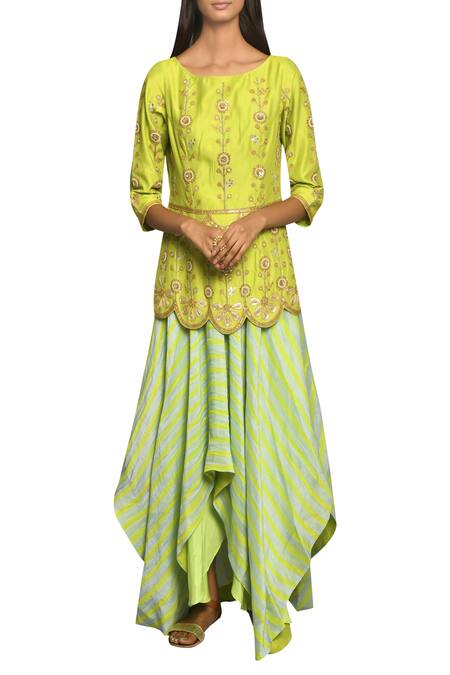 Shop_Swati Vijaivargie_Green Round Chanderi Kurta Skirt Set_Online_at_Aza_Fashions