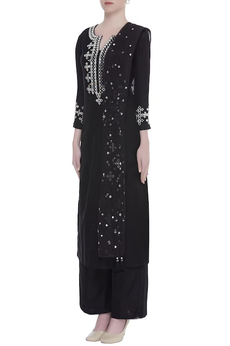 Preeti S Kapoor_Black Net, Chanderi Notched Kurta And Palazzo Set_Online_at_Aza_Fashions