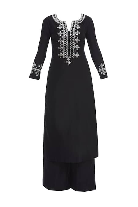 Buy_Preeti S Kapoor_Black Net, Chanderi Notched Kurta And Palazzo Set_Online_at_Aza_Fashions