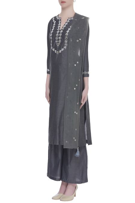 Preeti S Kapoor_Grey Round Embroidered Kurta Palazzo Set_Online_at_Aza_Fashions