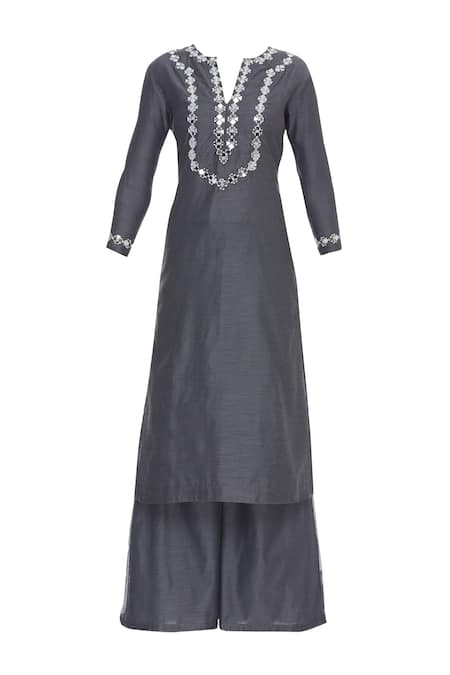 Buy_Preeti S Kapoor_Grey Round Embroidered Kurta Palazzo Set_Online_at_Aza_Fashions