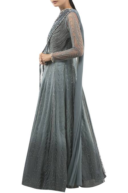 Buy_Ridhima Bhasin_Blue Draped Anarkali Gown_Online_at_Aza_Fashions