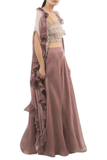 Ridhima Bhasin_Maroon Ruffle Cape And Palazzo Set_Online_at_Aza_Fashions