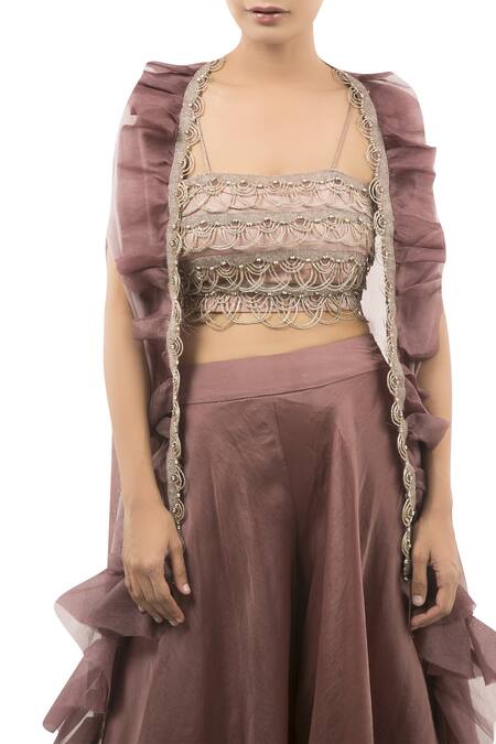 Buy_Ridhima Bhasin_Maroon Ruffle Cape And Palazzo Set_Online_at_Aza_Fashions