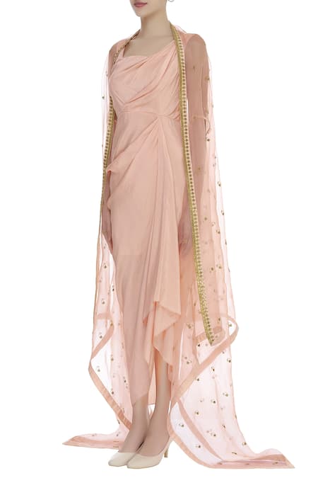 Tisha Saksena_Pink Open Draped Tunic With Embroidered Cape _Online_at_Aza_Fashions