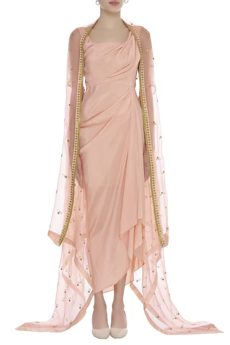 Buy_Tisha Saksena_Pink Open Draped Tunic With Embroidered Cape _Online_at_Aza_Fashions