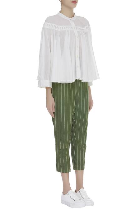 Chambray & CO._White Mandarin Collar Pleated Top_Online_at_Aza_Fashions