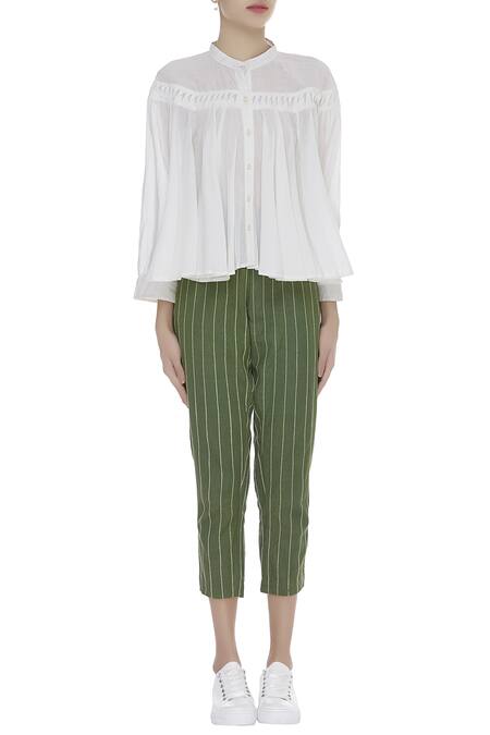 Shop_Chambray & CO._White Mandarin Collar Pleated Top_Online_at_Aza_Fashions