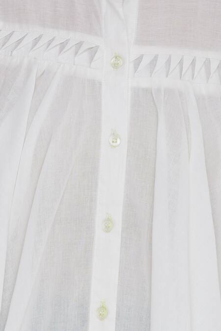 Chambray & CO._White Mandarin Collar Pleated Top_at_Aza_Fashions