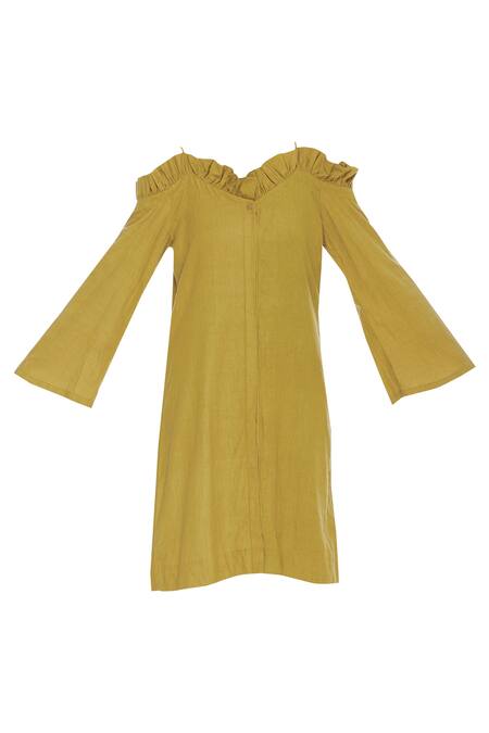 Buy_Chambray & CO._Yellow Plain Sweetheart Neck Button Down Off Shoulder Ruffle Dress_Online_at_Aza_Fashions