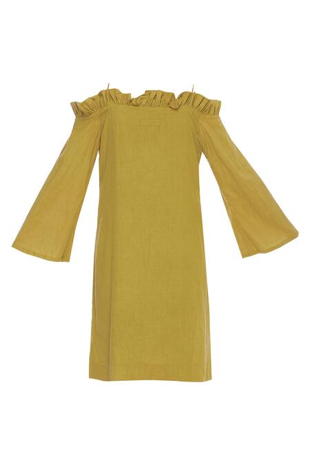 Shop_Chambray & CO._Yellow Plain Sweetheart Neck Button Down Off Shoulder Ruffle Dress_Online_at_Aza_Fashions