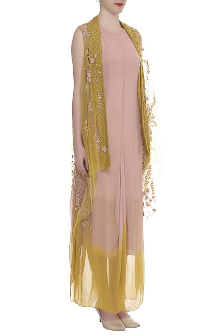Kavita Bhartia_Yellow Embroidered Asymmetric Jacket And Dress  _Online_at_Aza_Fashions