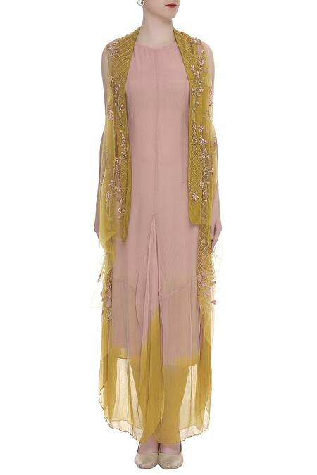 Buy_Kavita Bhartia_Yellow Embroidered Asymmetric Jacket And Dress  _Online_at_Aza_Fashions
