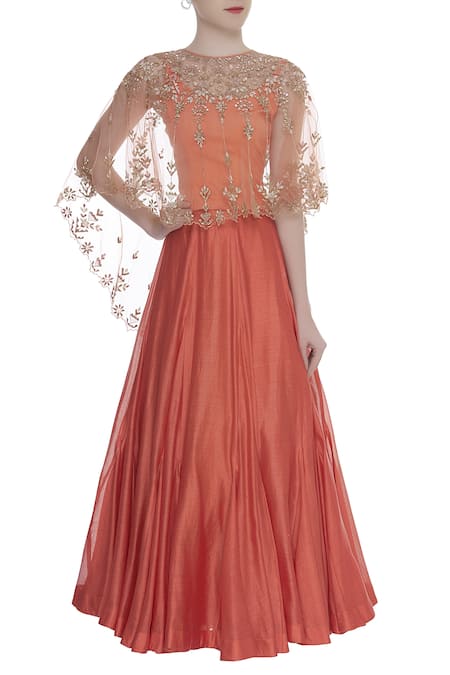 Kavita Bhartia Orange Embroidered Cape Lehenga Set