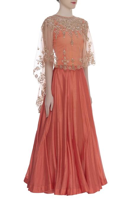 Kavita Bhartia_Orange Embroidered Cape Lehenga Set_Online_at_Aza_Fashions