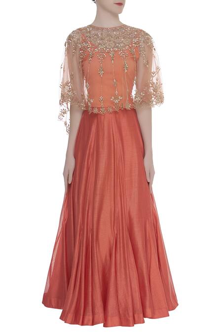 Buy_Kavita Bhartia_Orange Embroidered Cape Lehenga Set_Online_at_Aza_Fashions