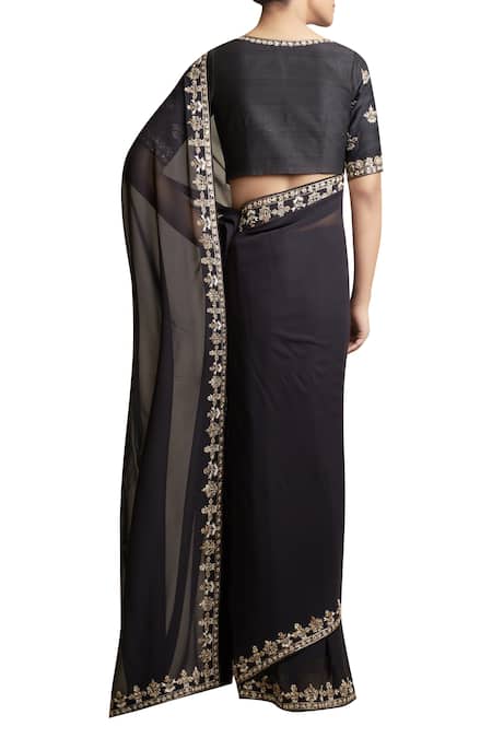 Shop_Sue Mue_Black Raw Silk And Georgette Boat Saree With Metallic Embroidery And Blouse _at_Aza_Fashions