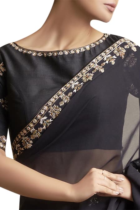 Sue Mue_Black Raw Silk And Georgette Boat Saree With Metallic Embroidery And Blouse _Online_at_Aza_Fashions