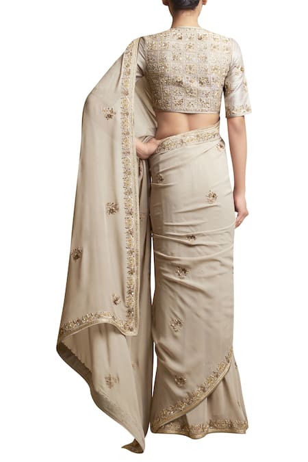 Shop_Sue Mue_Green Raw Silk And Georgette Round Saree With Metallic Embroidery And Blouse _at_Aza_Fashions