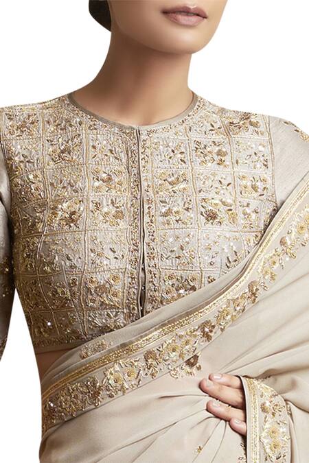 Sue Mue_Green Raw Silk And Georgette Round Saree With Metallic Embroidery And Blouse _Online_at_Aza_Fashions