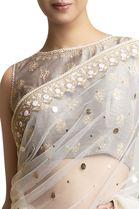 Shop_Sue Mue_White Raw Silk And Tulle Boat Saree With Embellished Blouse _at_Aza_Fashions