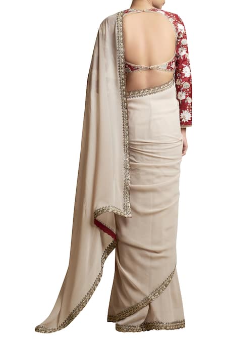 Shop_Sue Mue_White Raw Silk And Georgette Long Clay Saree With Embroidered Blouse _at_Aza_Fashions