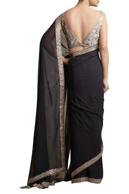 Shop_Sue Mue_Black Raw Silk And Georgette V Neck Saree With Embroidered Blouse _at_Aza_Fashions
