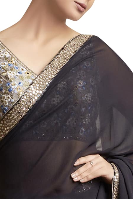 Sue Mue_Black Raw Silk And Georgette V Neck Saree With Embroidered Blouse _Online_at_Aza_Fashions