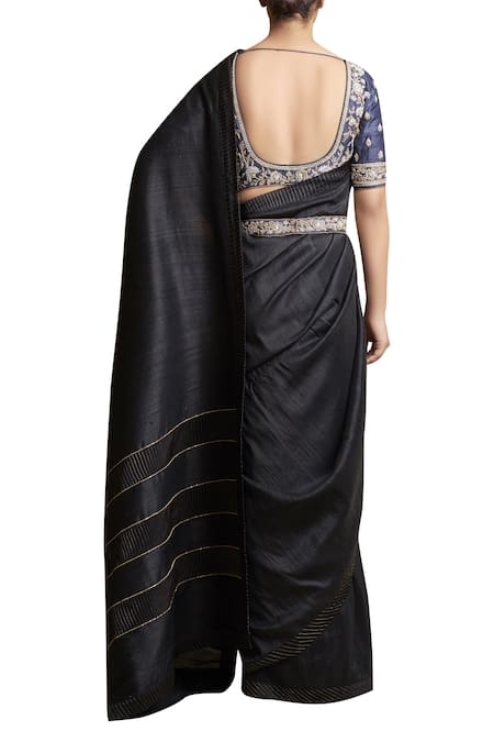 Shop_Sue Mue_Black Tussar Silk Round Saree With Metallic Embroidered Belt And Blouse _at_Aza_Fashions