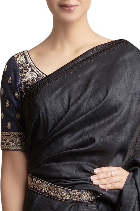 Sue Mue_Black Tussar Silk Round Saree With Metallic Embroidered Belt And Blouse _Online_at_Aza_Fashions