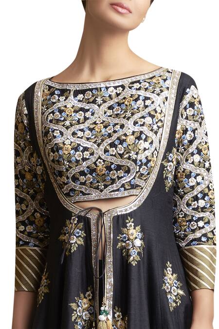 Sue Mue_Black Embroidered Kalidar Jacket Palazzo Set _Online_at_Aza_Fashions