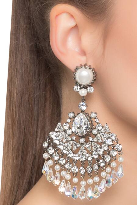 Shop PRERTO White Pearls And Crystals Windfall Earrings at Aza Fashions Shop_PRERTO_White Pearls And Crystals Windfall Earrings_at_Aza_Fashions