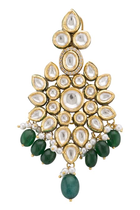 Prerto_Green Crystals, Pearls Kundan Drop Earrings _Online_at_Aza_Fashions