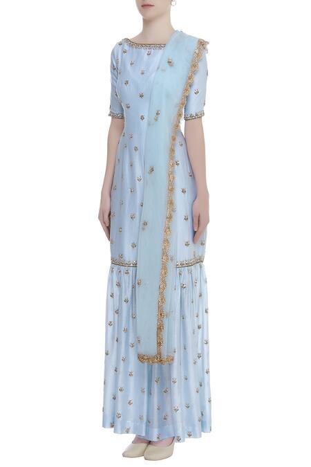 Rajat K Tangri_Blue Boat Neck Hand Embroidered Jumpsuit Sharara Set _Online_at_Aza_Fashions
