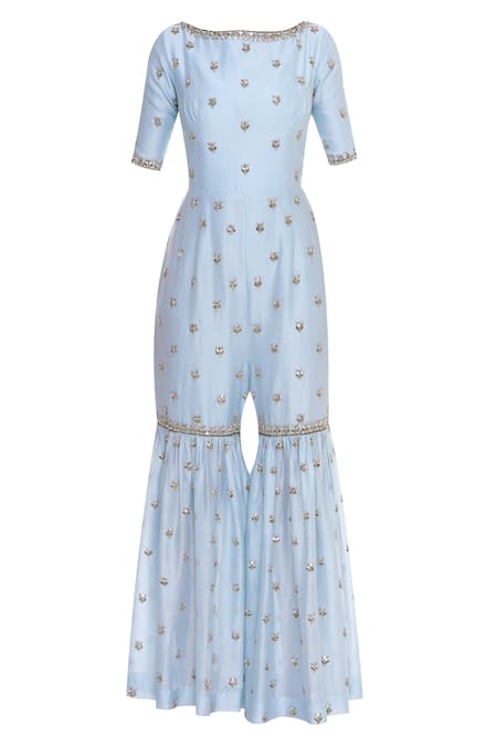 Buy_Rajat K Tangri_Blue Boat Neck Hand Embroidered Jumpsuit Sharara Set _Online_at_Aza_Fashions