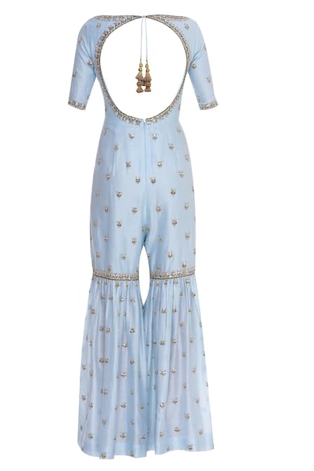 Shop_Rajat K Tangri_Blue Boat Neck Hand Embroidered Jumpsuit Sharara Set _Online_at_Aza_Fashions