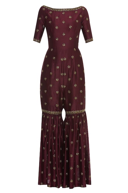 Buy_Rajat K Tangri_Maroon Boat Neck Embroidered Sharara Jumpsuit With Dupatta _Online_at_Aza_Fashions